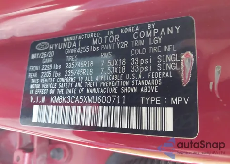 2021 Hyundai Kona Limited z USA, uszkodzony, nr VIN KM8K3CA5XMU600711